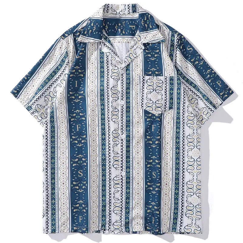 Stretch Fabric Does Not Fade Striped Flowers Batik Modern Pocket Loose Short Sleeve Men's Shirt Kain Pantai 3