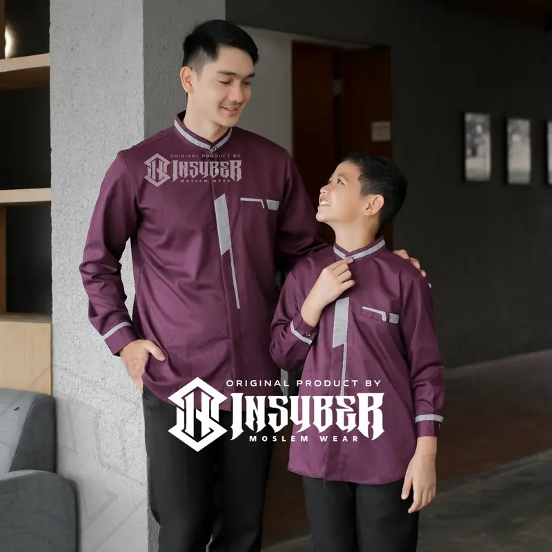 Baju Koko Couple Ayah dan Anak Laki-laki Lengan Panjang Bahan Toyobo Fodu Warna Burgundy Terbaru 2025 , Muslim 2