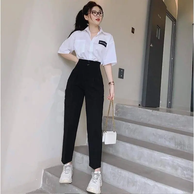 Quần tây nữ lưng cao đi học cạp liền 2 cúc cài dáng quần vải baggy nữ học sinh cấp 3 dày co giãn nhẹ đi học làm công sở 1