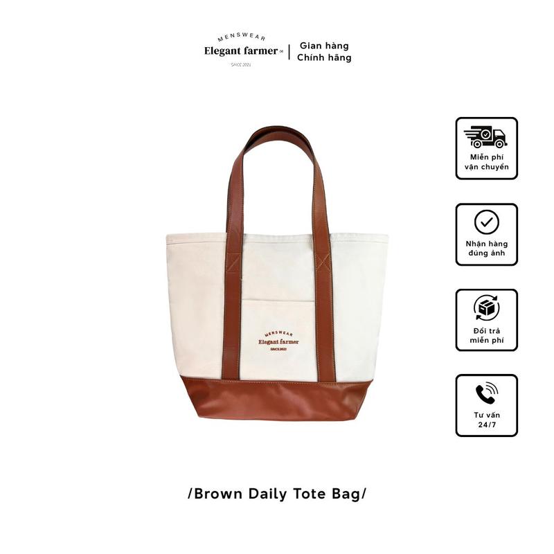 Elegant Farmer Brown Daily Tote - Túi Tote vải canvas kết hợp da thanh lịch.