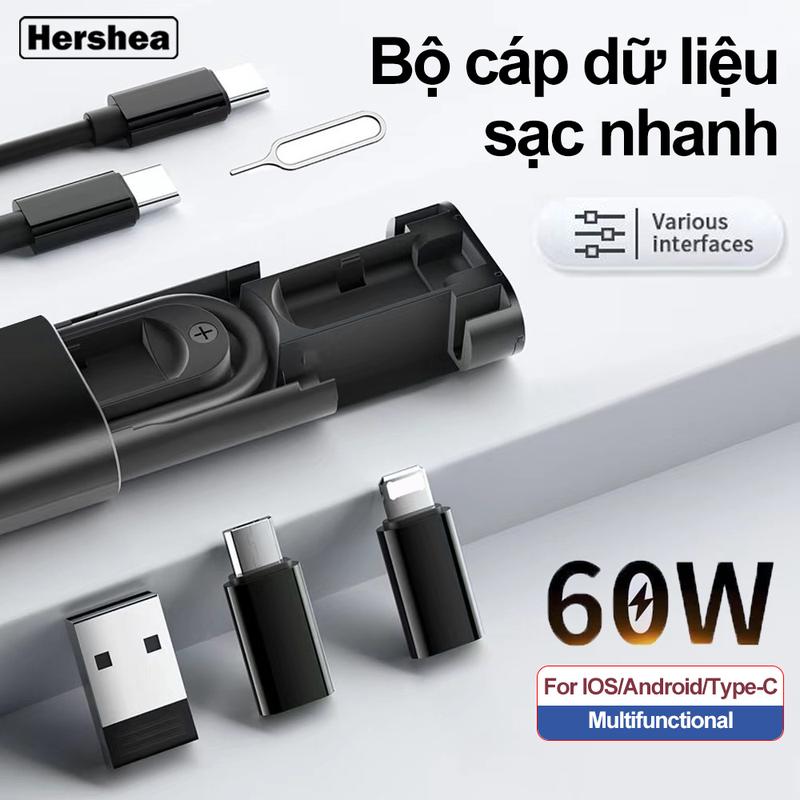 Hershea Bộ Cáp Sạc Dữ Liệu PD Max 60W , 5 in 1Design, Type C Cáp Dữ Liệu Sạc Nhanh, USB / IOS /Micro Bộ chuyển đổi, Tương Thích Với iPhone 15 14 13 Pro Max, Samsung S24, Xiaomi, Redmi, Vivo, Oppo, Phụ Kiện Điện Thoại, Không Bao Gồm Thẻ SIM