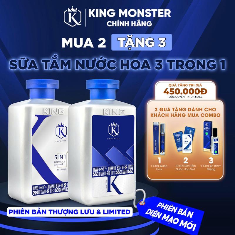 Mua 2 Tặng 3 Dầu gội + sữa tắm + rửa mặt 3in1 King Monster phiên bản Limited + Thượng lưu dung tích 350ml Tặng 3 phần quà Nước hoa + Xịt thơm miệng + dây 10 gói