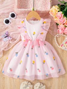 Vestido de princesa lindo para niñas bebé con bordado de mariposas y flores, vestido casual de malla sin mangas, vestido holgado con estampado integral