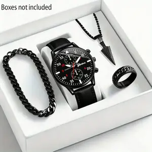 4pcs/1pcs Jam tangan kasual pria dengan mesin kuarsa, dilengkapi dengan dial hitam dan aksesori fashion – hadiah yang sempurna untuk Hari Ayah, Hari Valentine, Paskah, ulang tahun, dan Natal