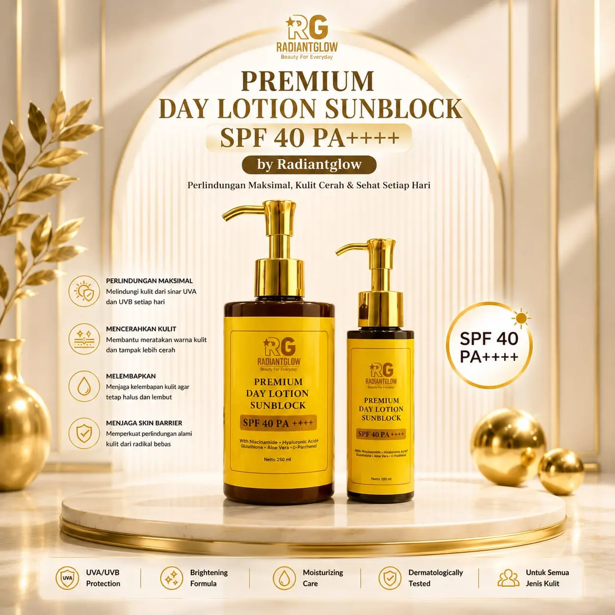 Radiantglow Premium Day Lotion Sunblock SPF 40PA+++ untuk Mencerahkan dan Melindungi Kulit dari Sinar UV Tubuh dengan Perlindungan Maksimal dan Pencerah Kulit