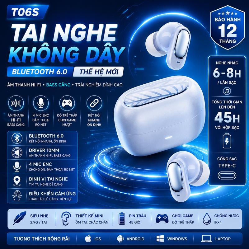 Tai nghe Bluetooth T06 Pro, Màn hình pin thông minh, Tai nghe, Thời gian chơi 40H, Điều khiển cảm ứng