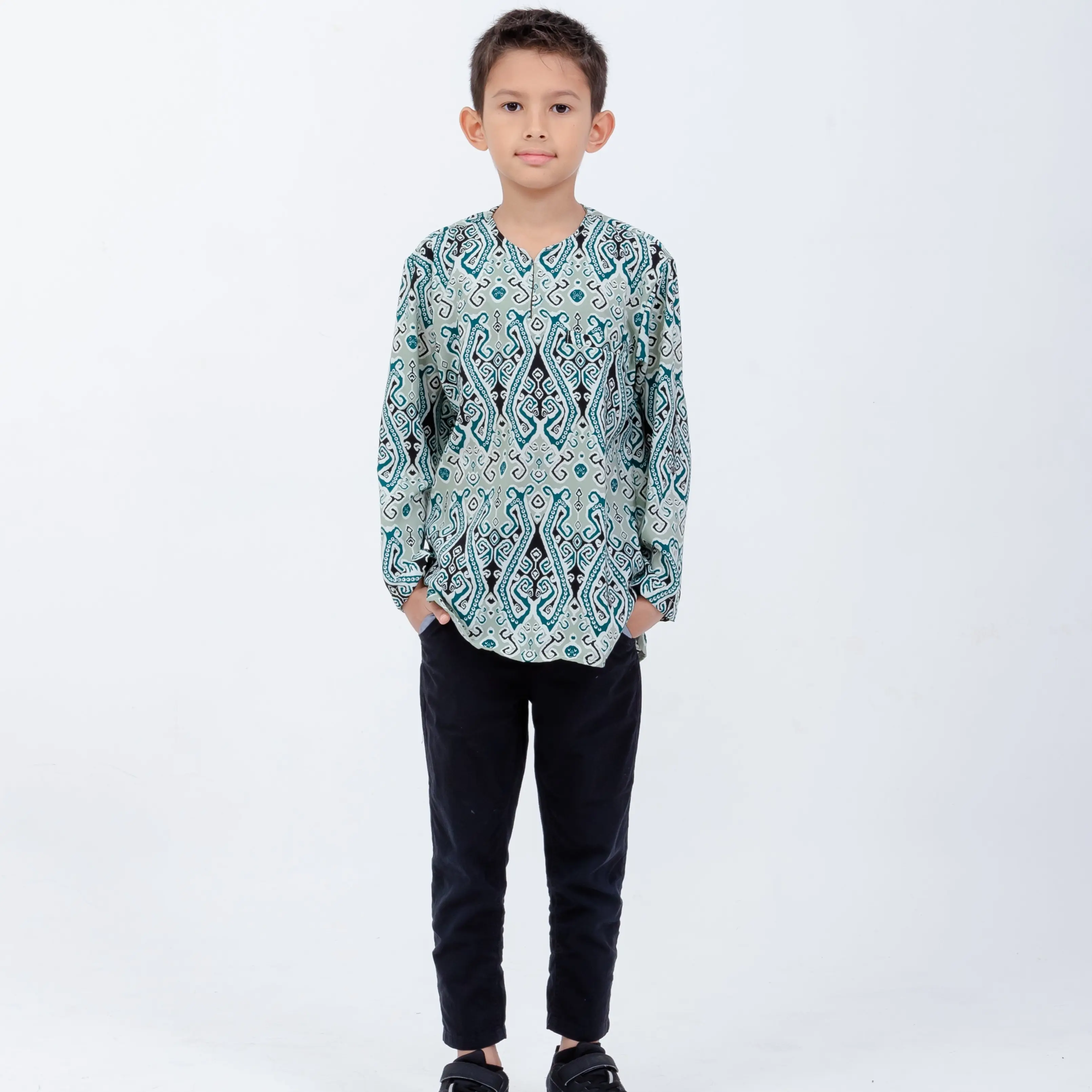 Green Black Batik Long Sleeves Kurta Boys
