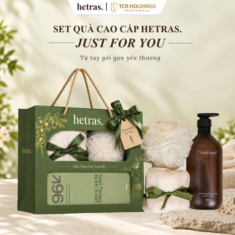 Set quà cao cấp Hetras Just For You – Sữa tắm nước hoa & bộ phụ kiện thư giãn khăn tắm, bông tắm