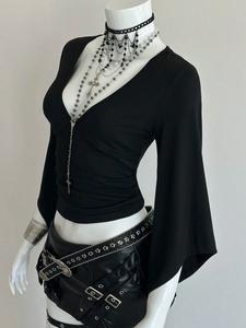 Camiseta de mujer estilo Y2K gótico de manga larga con cuello en V y ajuste entallado para fiesta, streetwear casual de primavera/verano, top liso de moda para todas las estaciones