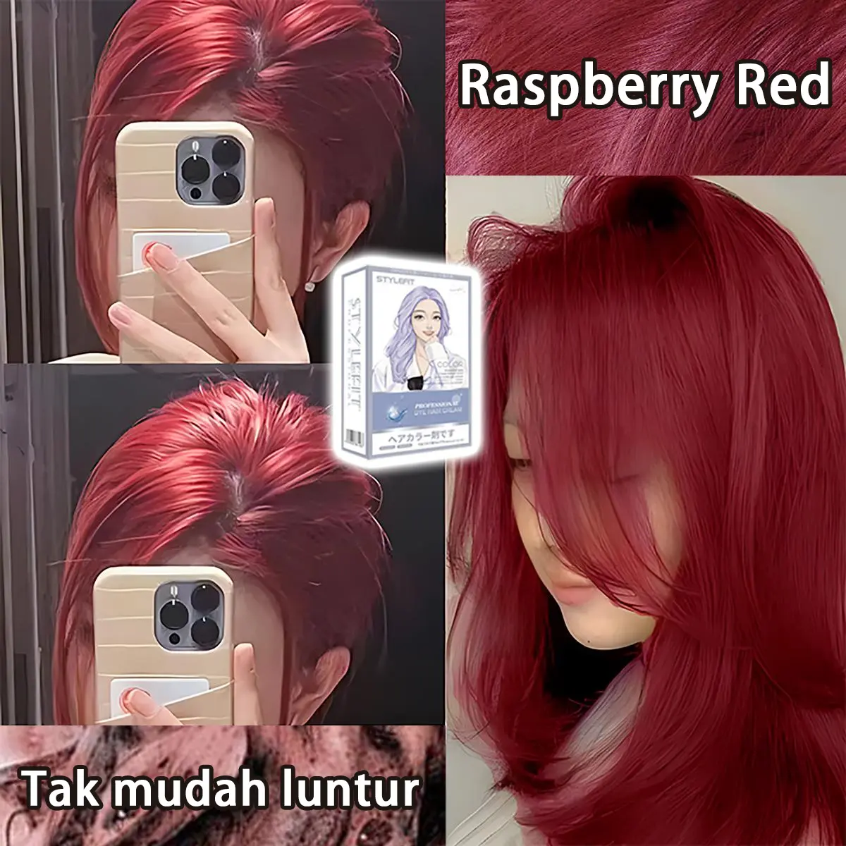 Pengiriman Cepat Cranberry Red Hair Color Tanpa Pemutihan Pewarna Rambut Cat Rambut Mudah Berwarna Tidak Mudah Luntur Milk Tea Golden Brown Burgundy Penghitam Rambut Uban Warna Merah