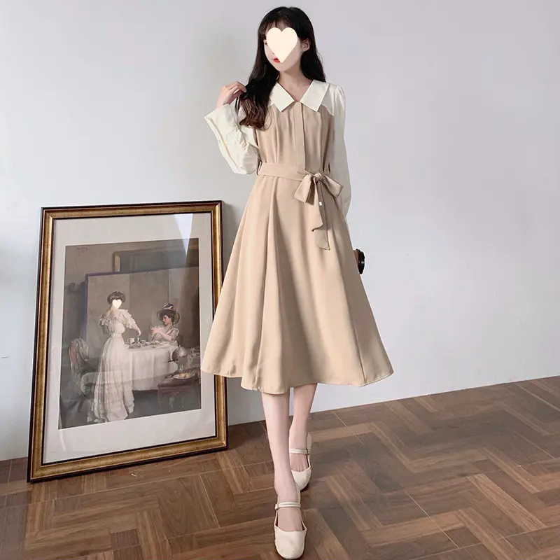 French color contrast stitching dress female high waist gentle wind shirt collar dress