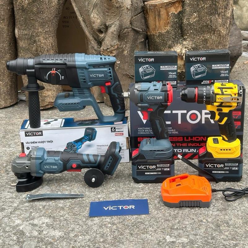  Combo Máy Khoan Pin  Mài Pin  Siết Bulong Victor 2 Pin 15 Cell Không Chổi Than  Chân Pin Phổ Thông Bảo Hành 6 Tháng 
