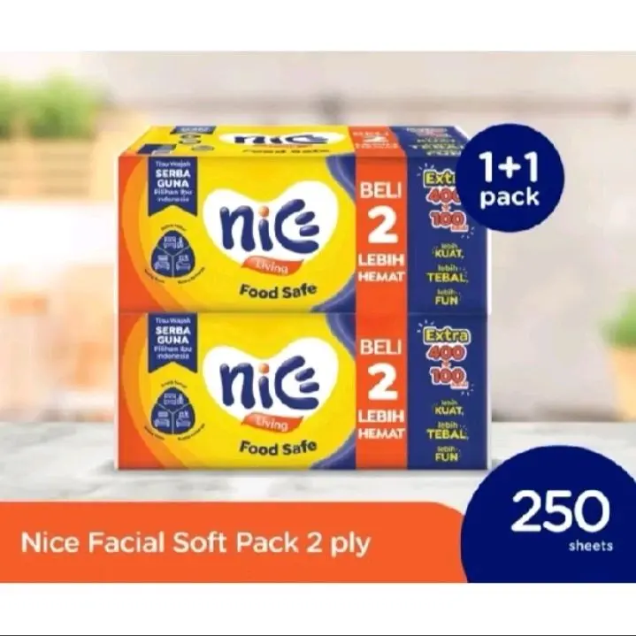 Tissue Nice 1+1 Pack Facial Soft 2 Ply 250 Sheets x 2 Tisu Kering Wajah Makanan Tissu Serbaguna