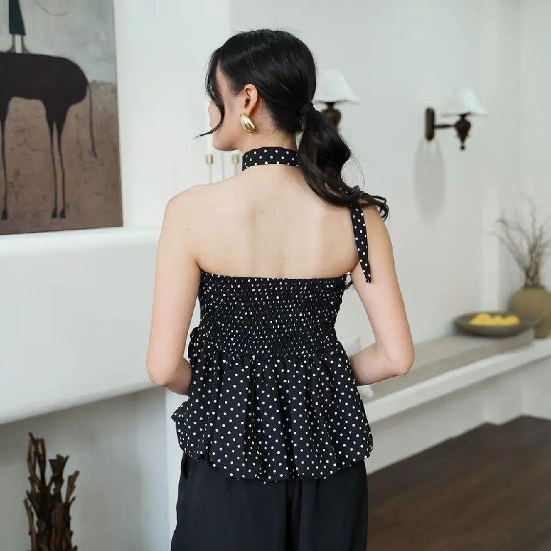 Baloney Top Nomi Polkadot Tube Top Feminine Motif Polkadot Karet Smock Elastis Renda Tali Pita Terpisah Warna Hitam Putih
