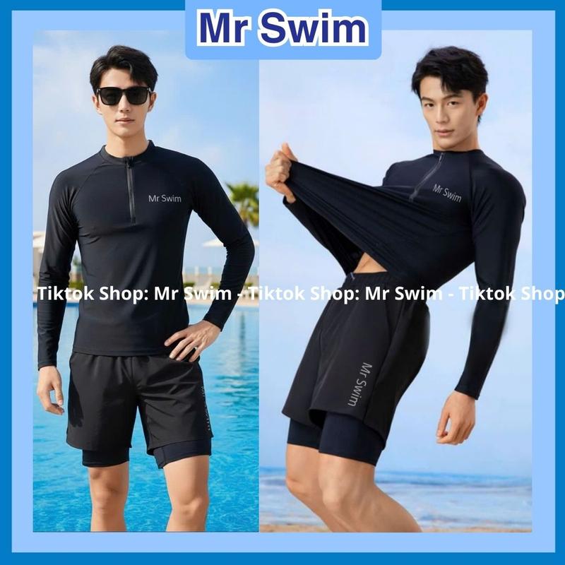  Đồ bơi nam thể thao áo tay dài & ngắn có khóa kéo quần bơi 2 lớp đi biển chất thun lạnh co giãn 4 chiều Mr Swim 001 