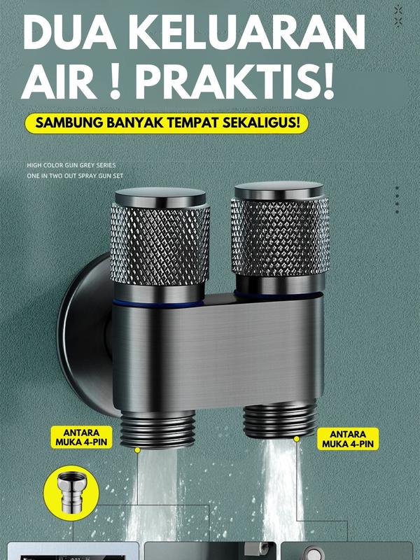 Kran Cabang dan Jet Shower SUS 304 Toilet Hitam Matte 1/2 Inch dengan Selang 1.5M Kran Air Double Kran Washing Machine Bidet Spray 2