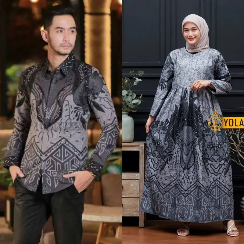 Baju Batik Couple Modern - Sarimbit Batik Kondangan Kekinian - Couple Gamis Batik dan Kemeja Polyester Dewasa Katun Motif Muslim Panjang Pasangan Dress Keluarga Seragam Kombinasi 6