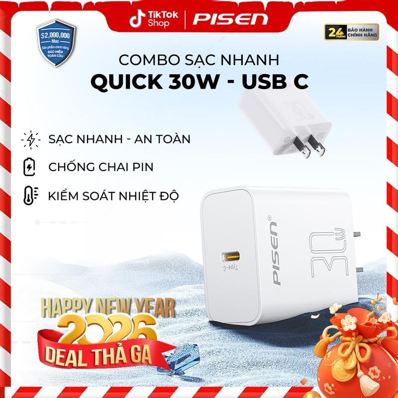   PISEN  Bộ Sạc Nhanh Mr.White 30W Chuẩn PD Sạc Nhanh Gấp 3 Lần Hạn Chế Nóng Máy Dây Sạc Type-C hoặc Lightning Tương Thích iPhone & Android |Pisen Quick USB-C 30W Fast Wall | TP-C29 | Bảo Hành 12 Tháng  PCARE + 6 Tháng  | Bảo Hiểm 2 Triệu Đô 
