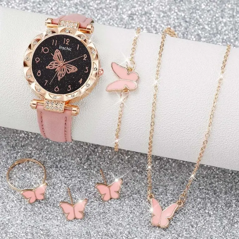 5PCS Jam Tangan Kuarsa Wanita Bergaya Berlian Berlian Kupu-kupu Dial PU Tali Kulit  Quartz Watches Kaca Set Perhiasan Kupu-kupu Gratis (Tanpa Kotak) 5