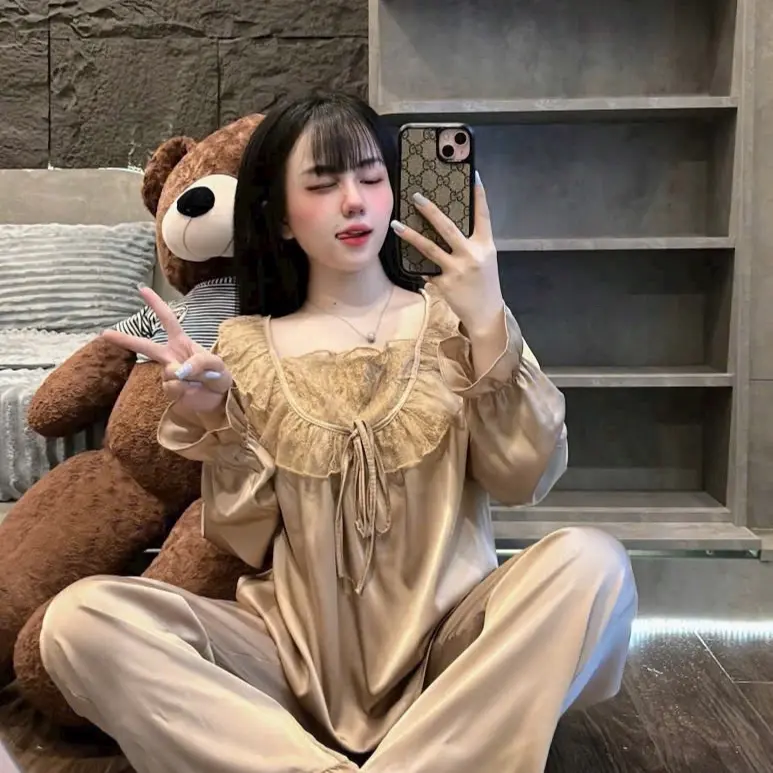 Bộ ngủ tiểu thư phối voan babydoll Tay dài - Quần dài cho nữ từ 40-60kg 2