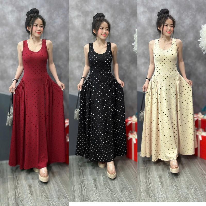 Đầm chấm bi dáng dài ba lỗ tôn eo tôn dáng hợp thời trang D19