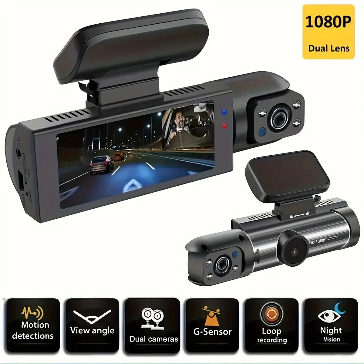 New 1080P Dual Camera,Dash Cam For Cars,Front And Inside, Camera With IR Night Vision,Loop Recording,  Wide Angle Car DVR Camera ，No APP With 3.16 Inch IPS Screen Surveillance camera equipment Micro SD