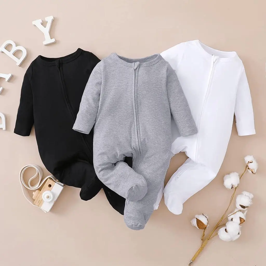 Newborn Baby Boys and Girls Long Sleeve 2-Way Zipper Bodysuit - Solid Color Simple and Fashionable Clothing