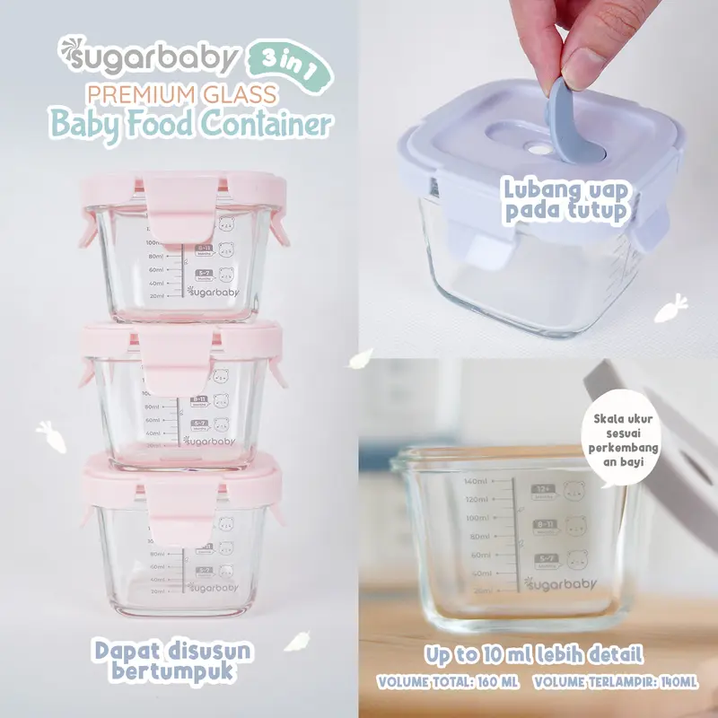 Sugar Baby Premium Glass Jar Baby Food Container 3 pcs BPA FREE / Peralatan Makan Bayi MPASI / Wadah Mangkok Bayi Silicone Lid & Plastic Lid 7