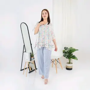 Firstlock baju tidur wanita LD 120 LD 130 baju tidur wanita jumbo piyama wanita baju tidur rayon baju tidur piyama ld 120 130 atasan lengan Pendek bawahan celana Panjang Dewasa Bumil Celana Setelan Motif Busui Friendly Rayon Viscos Adem One set