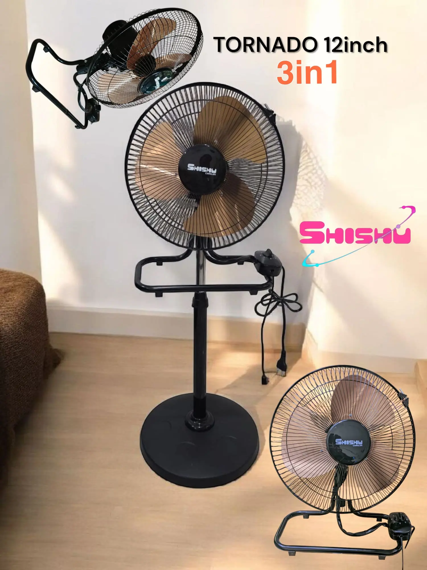 Kipas Tornado 3in1 SHISHU 12INCH SH-775 3 Baling Besi Gold