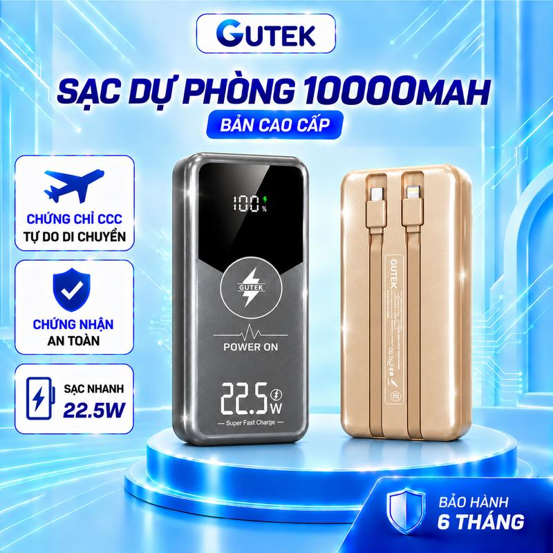[Tặng sạc 4 trong 1] Pin Sạc dự phòng 10000mah sạc nhanh 22,5w tích hợp sẵn cáp sạc cho điện thoại - Gutek GT219