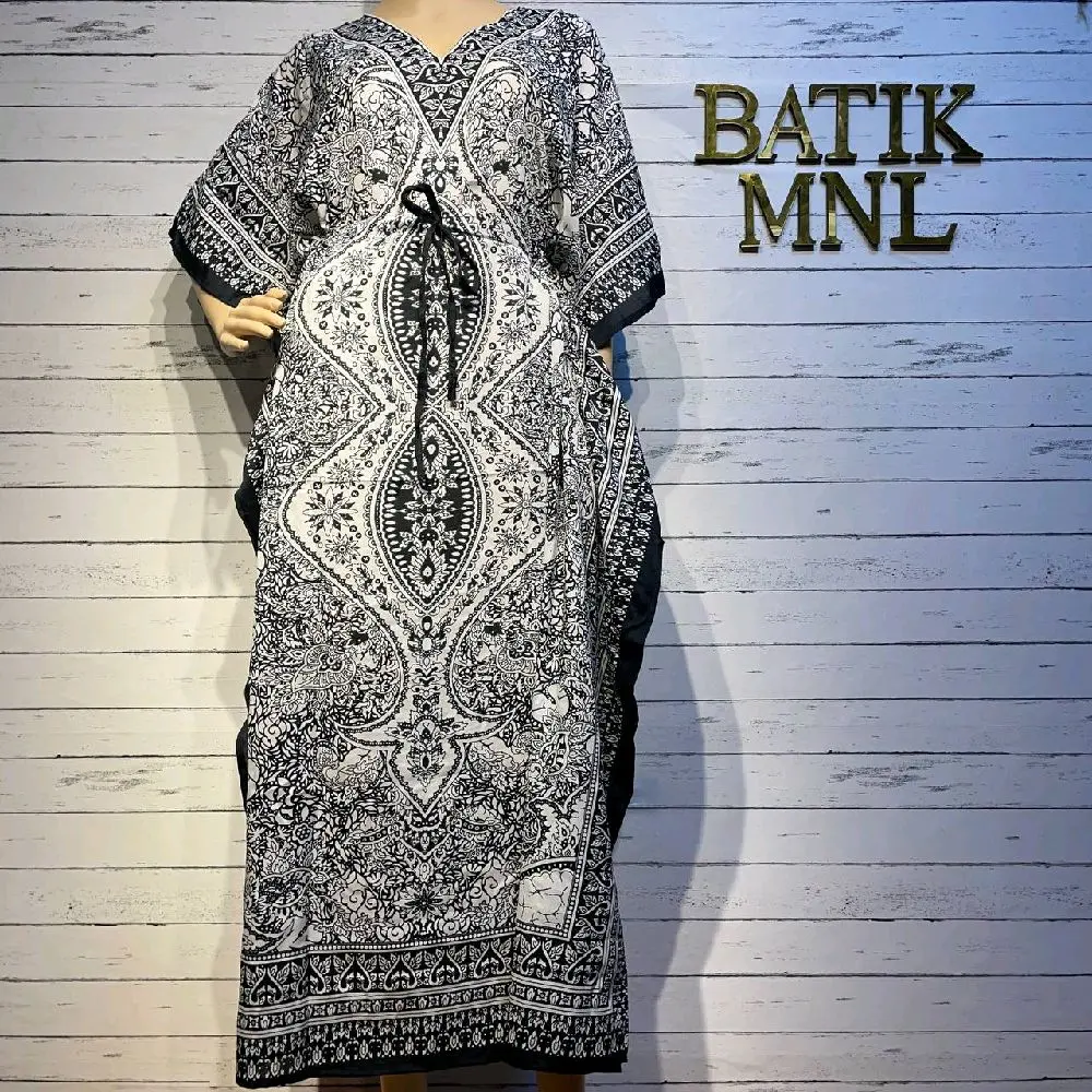 SAM INDO BATIK Batik Long Kaftan Bohemian Dress in Silk Polyester - Womenswear, Comfort, Lingerie, Floral, Fits, Clothes, Summer, Casual Vneck