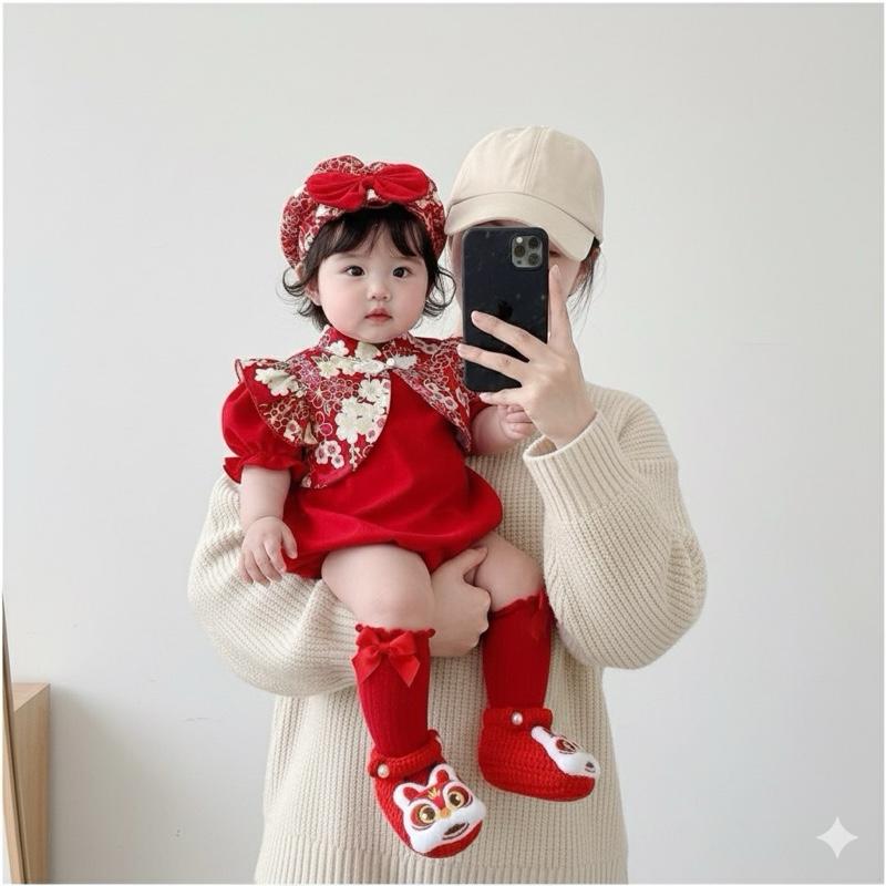  Body Đỏ Cổ Tàu Giả Khoác Hoa Mai Kèm Mũ Cho Bé Gái 3-12kg 