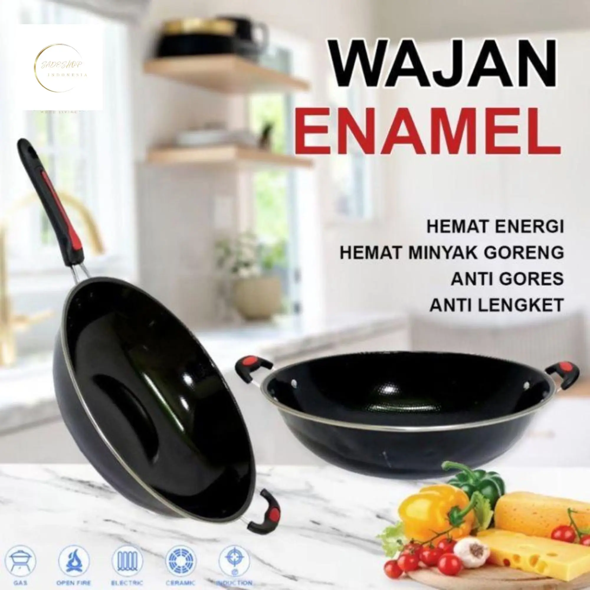 SADESHOP-Terlaris Wajan Enamel 34cm Wajan Penggorengan Anti Lengket Ganggang Kuping/Kuping-Kuping