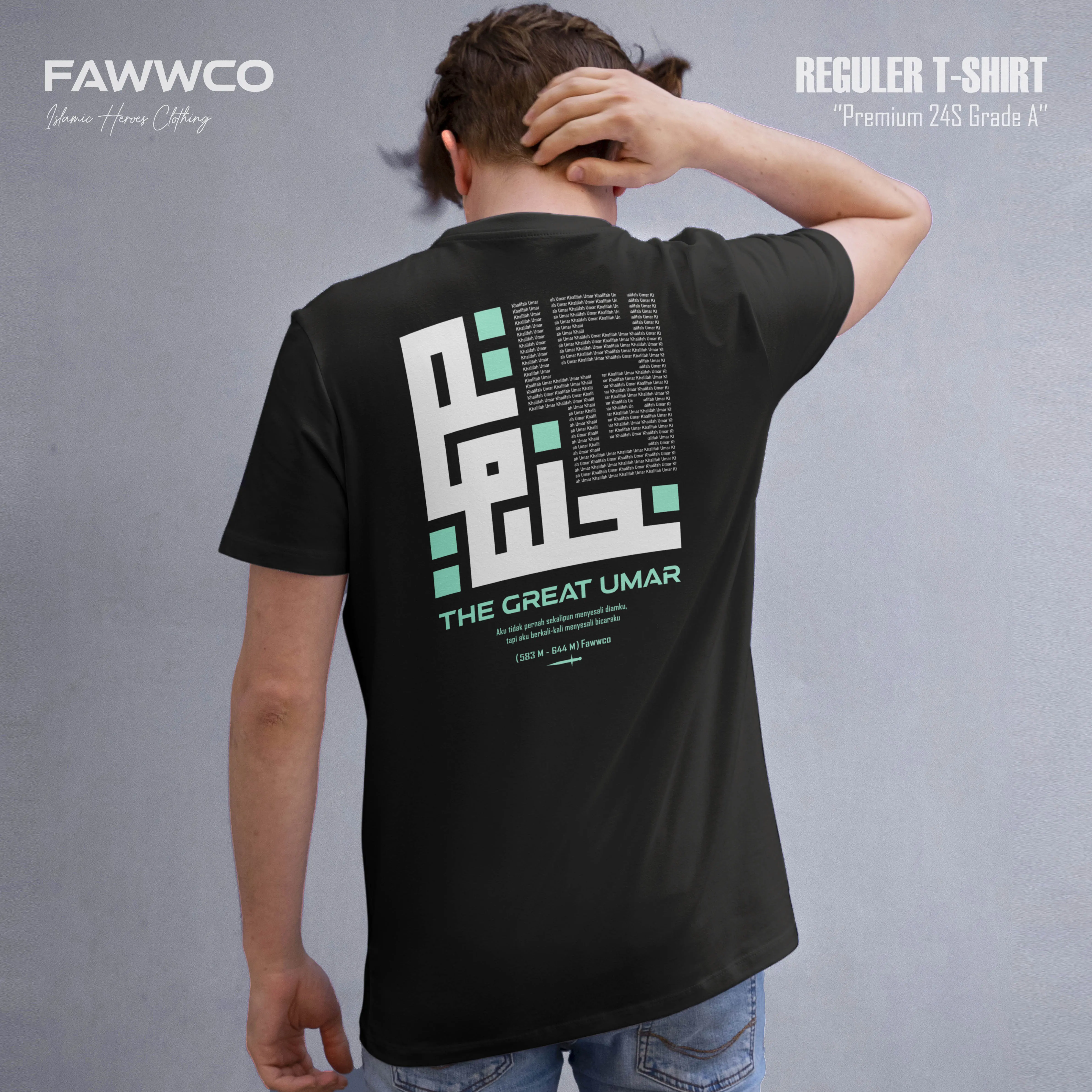 FAWWCO  Kaos Kaligrafi Khalifah Umar Berkuallitas Distro - Tshirt DAKWAH PREMIUM 24S Sablon Standar