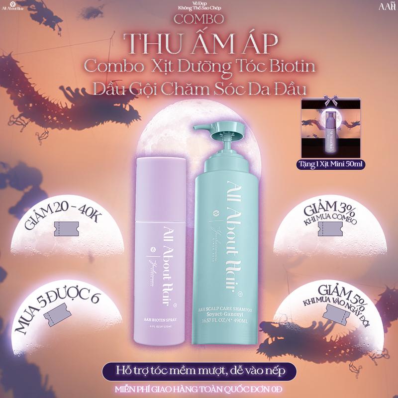 [TẶNG 1 XỊT MINI 50ML] COMBO LÀM SẠCH DA ĐẦU, HỔ TRỢ  KÍCH MỌC TÓC NHANH (AAH SCALP CARE SHAMPOO 490ML + AAH BIOTIN SPRAY VEGAN 120ML)