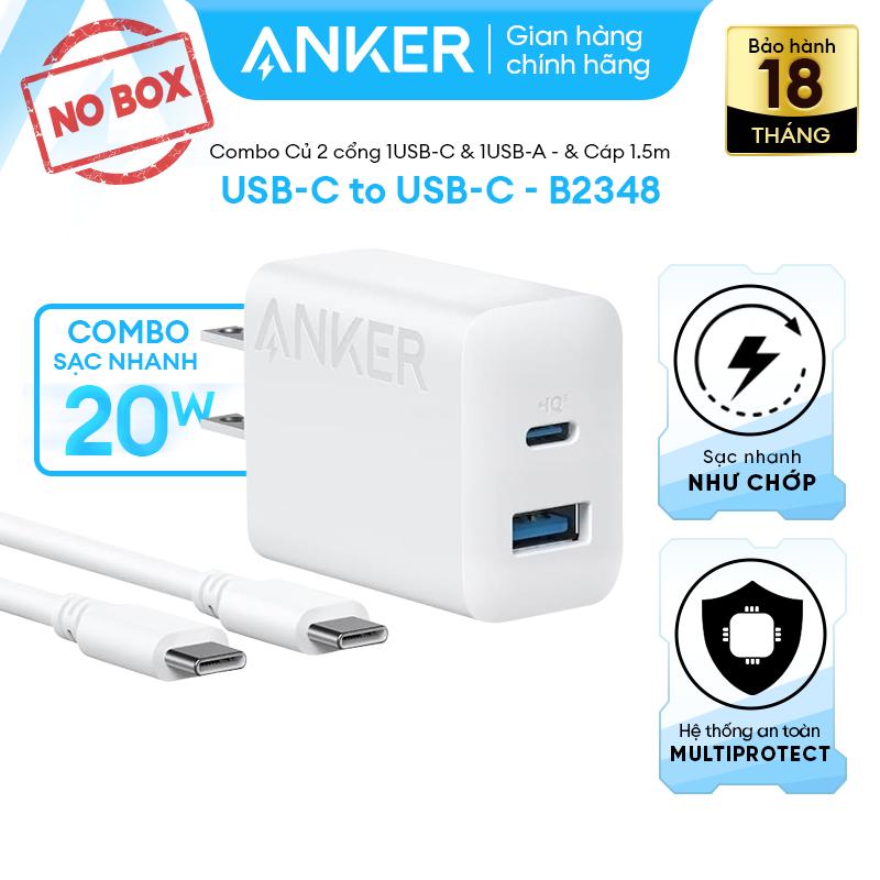 [No Box] Củ 20W + KèmCáp thích hợp Iphone 15 - Android | CỦ SẠC ANKER 2 cổng 1C1A - 20W (Tặng kèm cáp USB-C to C 1.5m) - Hỗ trợ PD, PowerIQ 18W - B2348