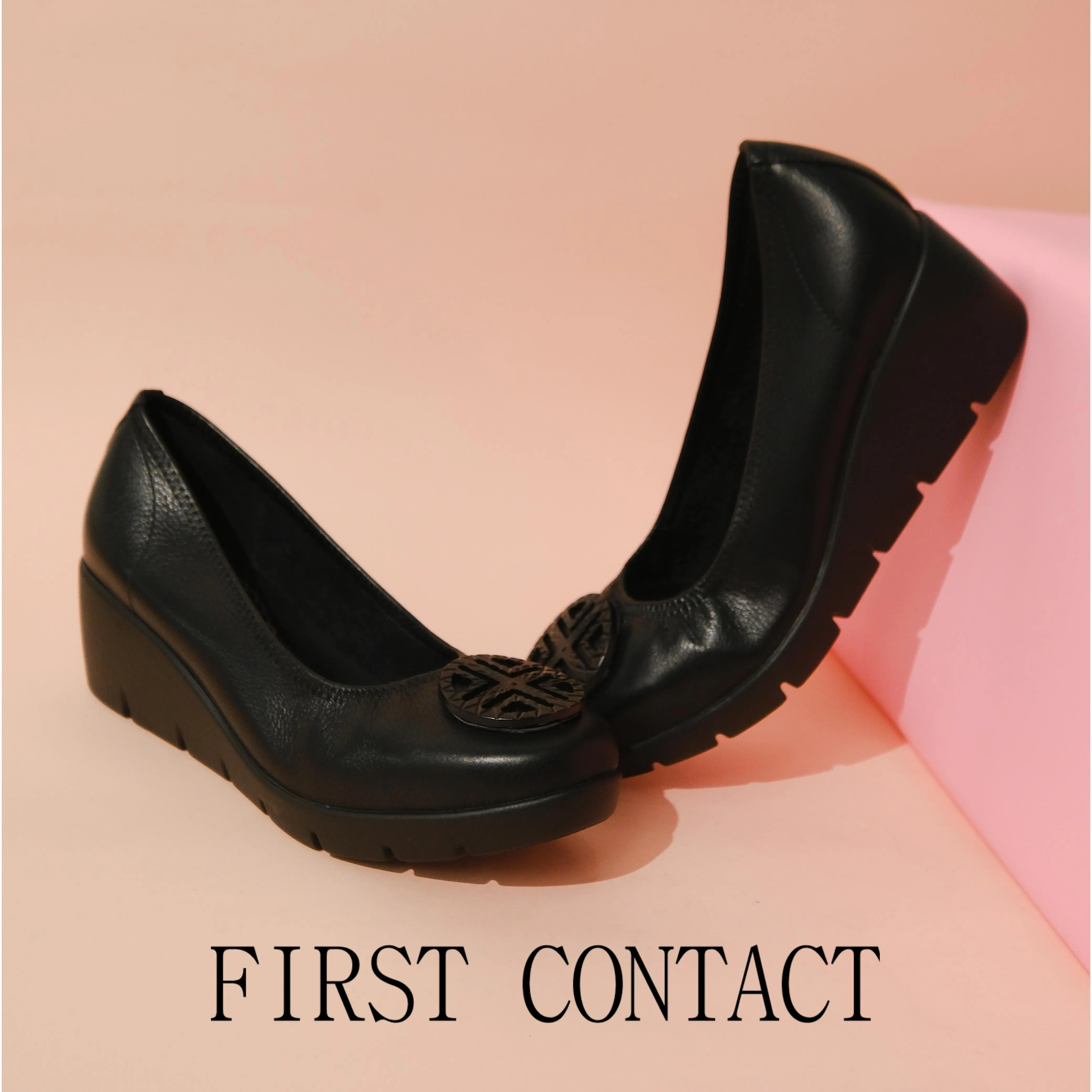 First Contact Sepatu Wedges Wanita Formal Aether Crest Black Heels Shoes Hitam