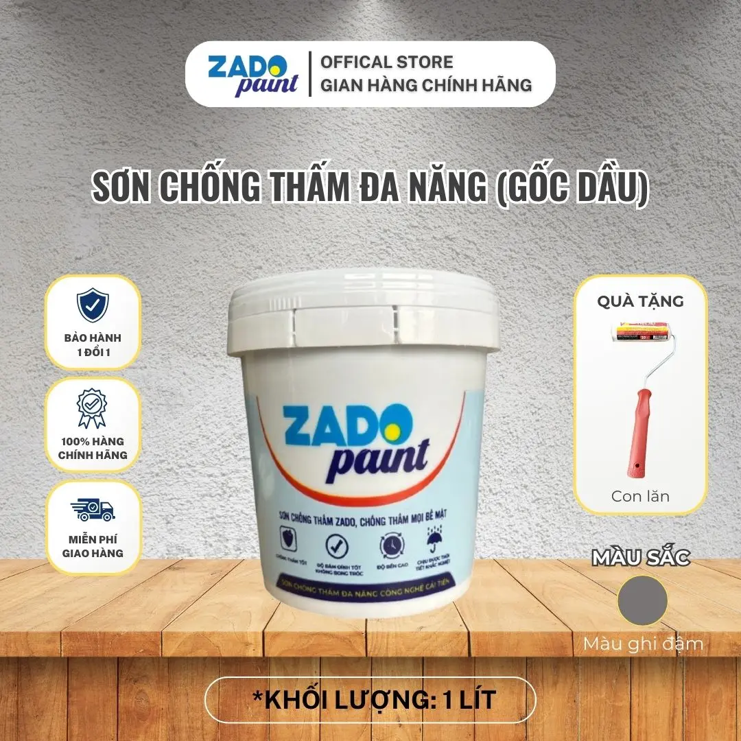 (Thùng 1kg) Sơn Chống Thấm Đa Năng 1KG Zado Paint, sơn gốc dầu, MÀU GHI ĐẬM Công Nghệ Cải Tiến, Chống Thấm Tường Xi Măng, Bê Tông, Sân Thượng, Tầng Hầm