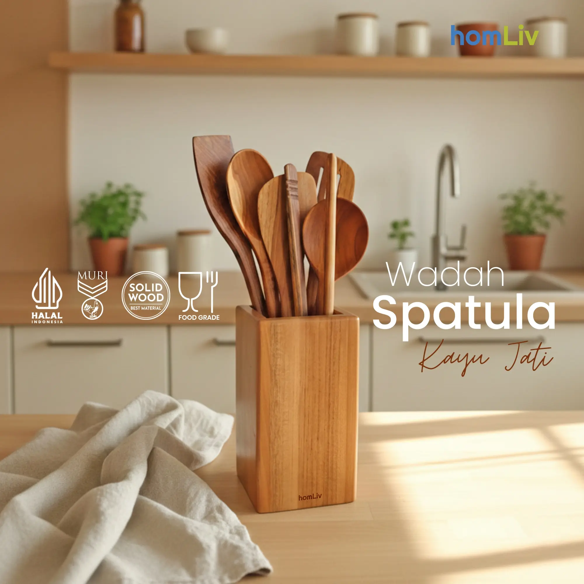 homLiv Wadah Sutil Kayu Jati Tempat Sutil Persegi Panjang Box Wooden Spatula Holder