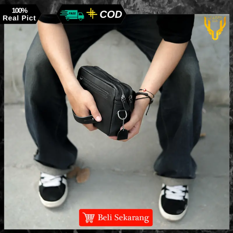 Tas Selempang Pria Kulit Sapi Asli Leaderbag Terbaru Hitam Waterproof Handbag Cowok Keren Branded Premium Multifungsi Clutchbag Slingbag 1