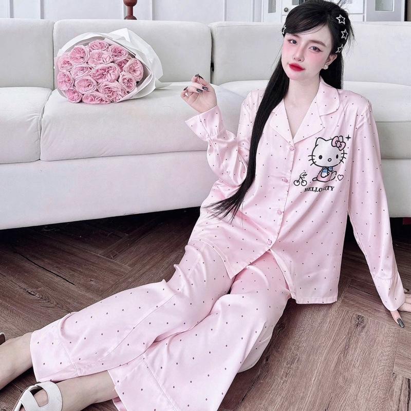 Size 45_68kg . Đồ Bộ Nữ Pijama Cổ Truyền Thống  . Vải Lụa Latin Mềm Mát . Quần Dài 96cm . Có Túi