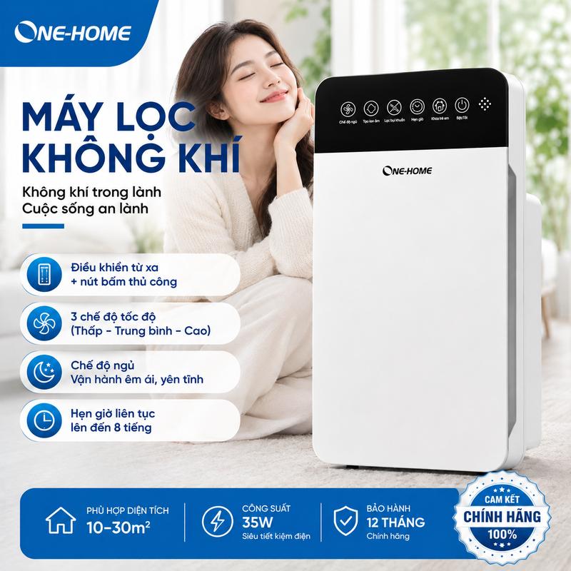 Máy lọc không khí ONE-HOME K2 Khử formaldehyde, khử mùi thú cưng, diệt khuẩn & virus 99.99%, chống bụi mịn, phấn hoa, khử trùng không khí.