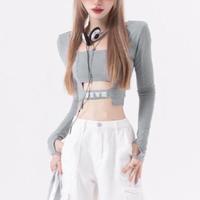 Gambar 【Premium】Square Neck Long Sleeve Crop Top 3084 (S/M/L) - Grey, S dari 99koutlet Kab. Tangerang 1 Tokopedia