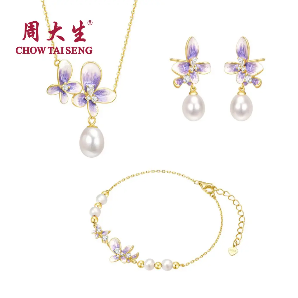 【Chow Tai Seng Jewellery】S925 Silver Pearl Wisteria Flower Shining Jewelry Set(necklace & earrings & bracelet)