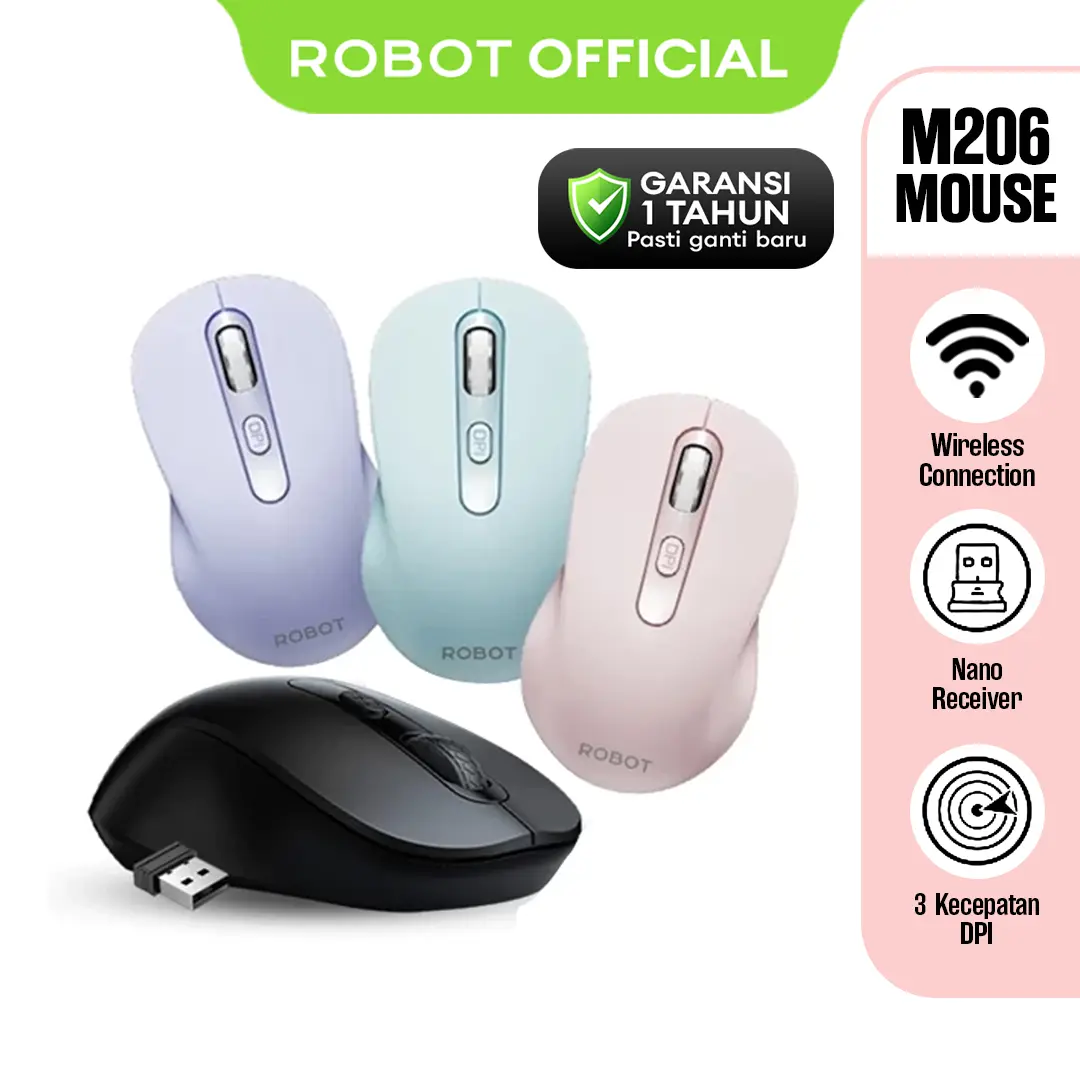 ROBOT M206 Mouse Wireless 2.4GHz Optical 1600DPI Kursor Akurat Cocok untuk Computer PC Laptop Original Mouse Komputer - Garansi 1 Tahun [BISA COD]