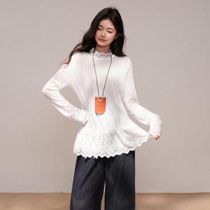 Women's Lace Trim Long Sleeve T-Shirt, Fall Winter Korean Style Half High Neck Layered Inner Top, Casual Fashion Women's Clothing 3638 Womenswear Basic Fitted Minimalist