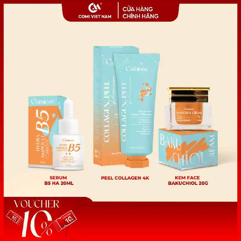 [Mua 1 Được 3 UPSIZE] Combo Peel Collagen Comi 4K(75Ml) + Serum B5 HA(20Ml) + Kem Face Huyết Yến Bakuchiol(20G) - Dưỡng trắng, Cấp ẩm, Giảm Thâm Nám. Skincare 0