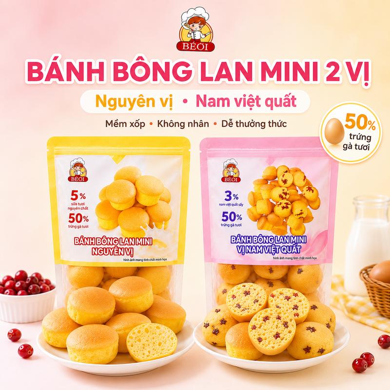 BÉOI Bánh Bông Lan Mini 100g - 2 Vị Ngon Nguyên Vị & Nam Việt Quất & Nam Việt…