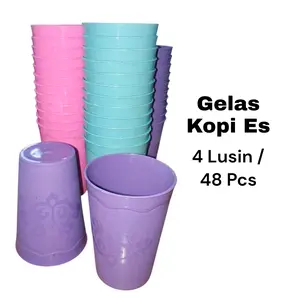 4 Lusin / 48 Pcs PAKET HEMAT Gelas Kopi Es Gelas Minum Plastik Warna Soft Pastel Elegan Motif Gelombang
